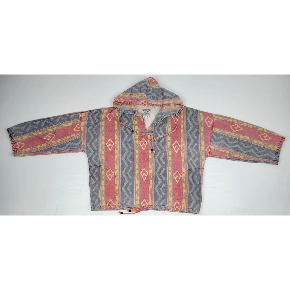 Vintage Retro Andrews Blues Aztec Southwestern Mens Medium Baggy Hooded Sweater